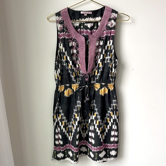 Calypso St. Barth Risha Dress Black Ikat Pink Silver Embroidery Tassels Size S - Picture 1 of 14